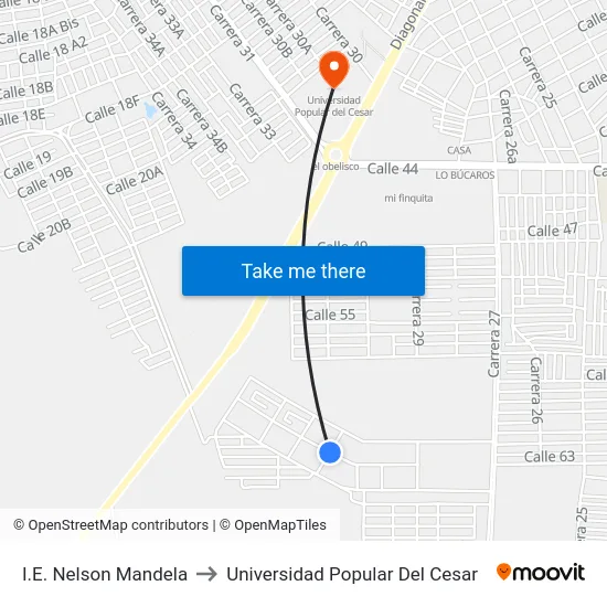 I.E. Nelson Mandela to Universidad Popular Del Cesar map