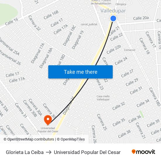 Glorieta La Ceiba to Universidad Popular Del Cesar map