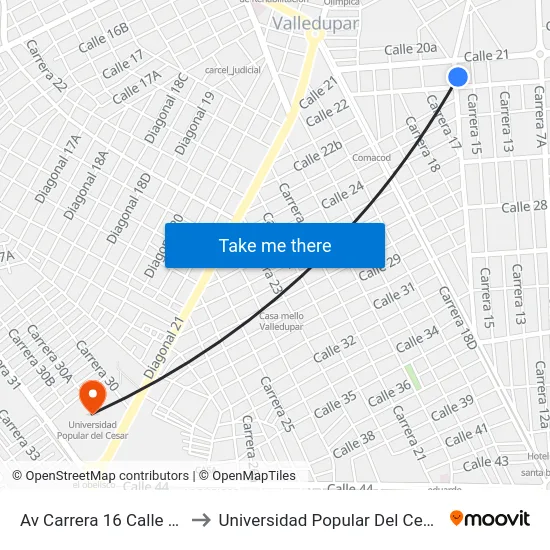 Av Carrera 16 Calle 21 to Universidad Popular Del Cesar map