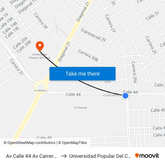 Av Calle 44 Av Carrera 27 to Universidad Popular Del Cesar map