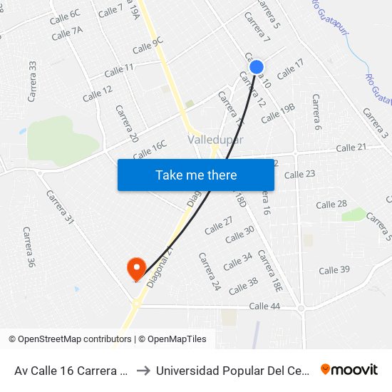 Av Calle 16 Carrera 10 to Universidad Popular Del Cesar map