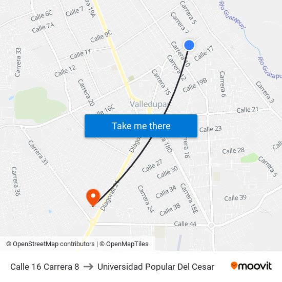 Calle 16 Carrera 8 to Universidad Popular Del Cesar map