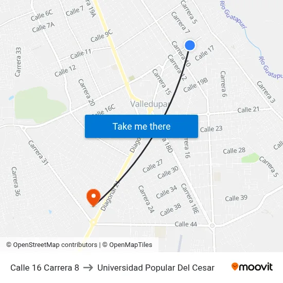 Calle 16 Carrera 8 to Universidad Popular Del Cesar map
