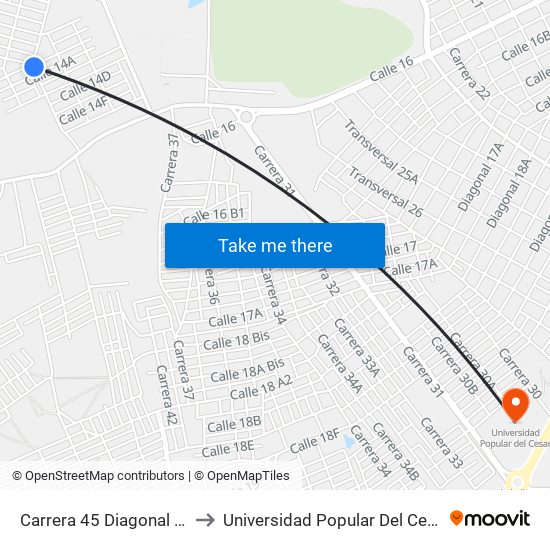 Carrera 45 Diagonal 14 to Universidad Popular Del Cesar map