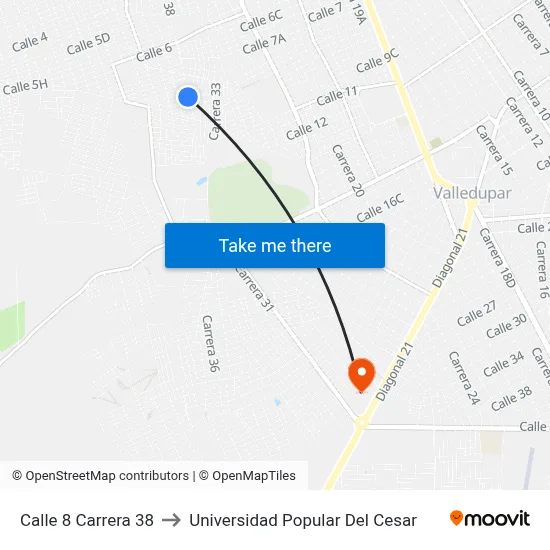 Calle 8 Carrera 38 to Universidad Popular Del Cesar map