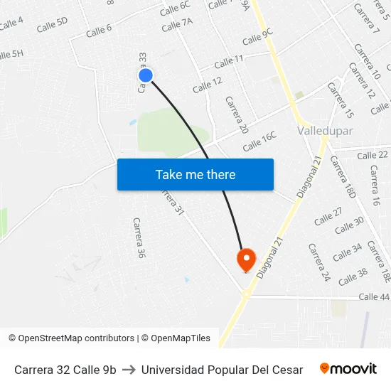 Carrera 32 Calle 9b to Universidad Popular Del Cesar map