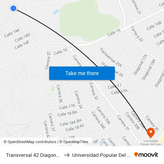 Transversal 42 Diagonal 11k to Universidad Popular Del Cesar map