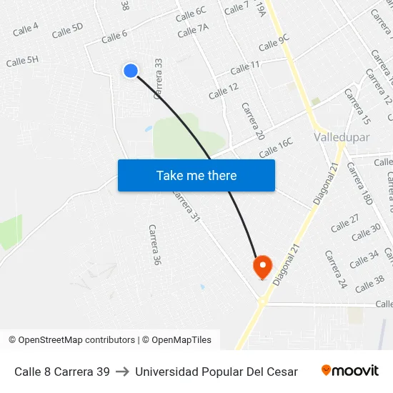 Calle 8 Carrera 39 to Universidad Popular Del Cesar map