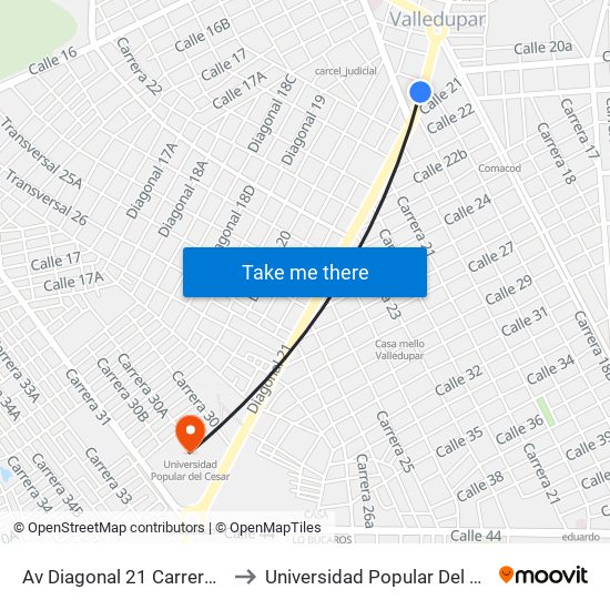 Av Diagonal 21 Carrera 18e to Universidad Popular Del Cesar map