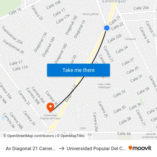 Av Diagonal 21 Carrera 19 to Universidad Popular Del Cesar map
