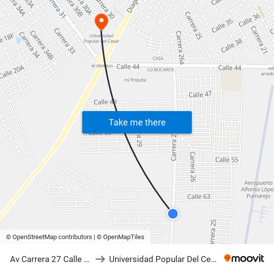 Av Carrera 27 Calle 67 to Universidad Popular Del Cesar map