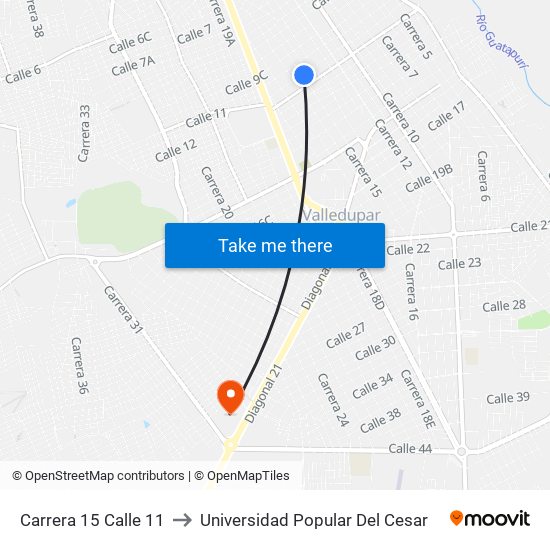 Carrera 15 Calle 11 to Universidad Popular Del Cesar map