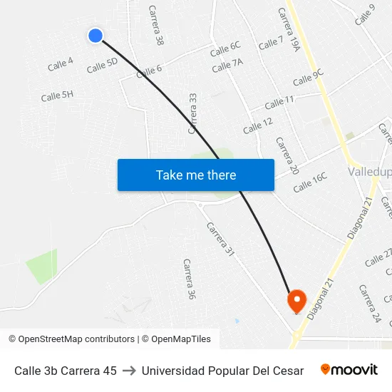 Calle 3b Carrera 45 to Universidad Popular Del Cesar map