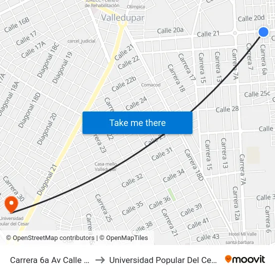 Carrera 6a Av Calle 21 to Universidad Popular Del Cesar map
