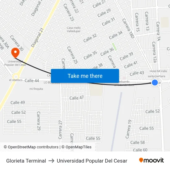 Glorieta Terminal to Universidad Popular Del Cesar map