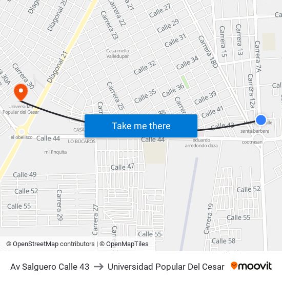 Av Salguero Calle 43 to Universidad Popular Del Cesar map