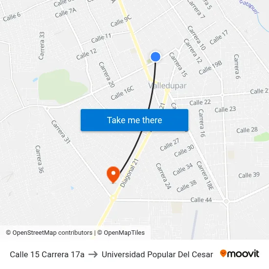 Calle 15 Carrera 17a to Universidad Popular Del Cesar map