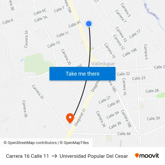 Carrera 16 Calle 11 to Universidad Popular Del Cesar map