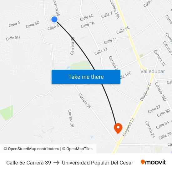 Calle 5e Carrera 39 to Universidad Popular Del Cesar map
