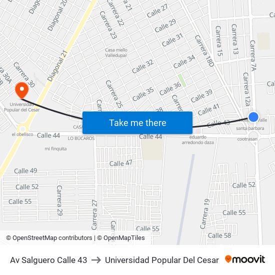 Av Salguero Calle 43 to Universidad Popular Del Cesar map