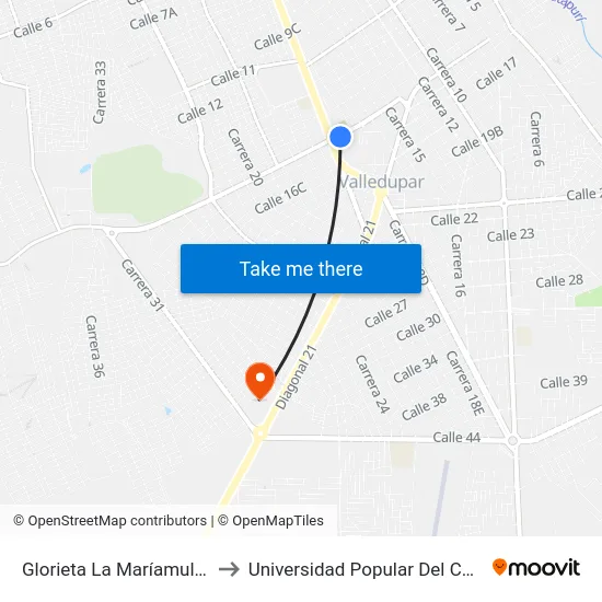 Glorieta La Maríamulata to Universidad Popular Del Cesar map