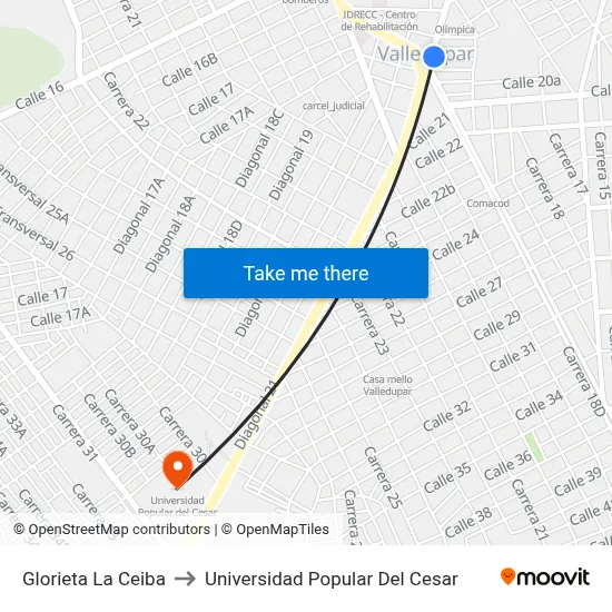 Glorieta La Ceiba to Universidad Popular Del Cesar map