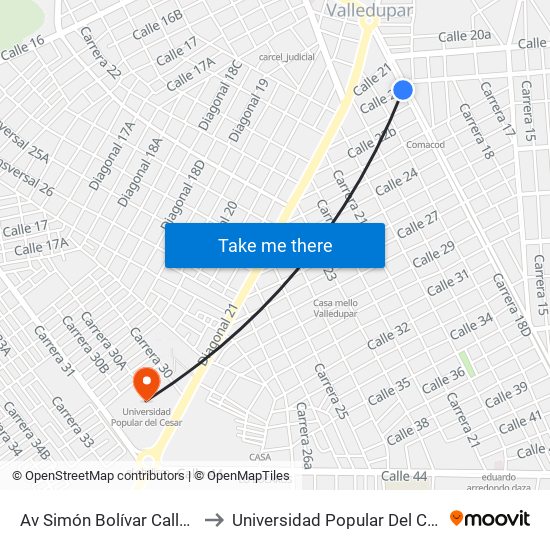 Av Simón Bolívar Calle 22 to Universidad Popular Del Cesar map