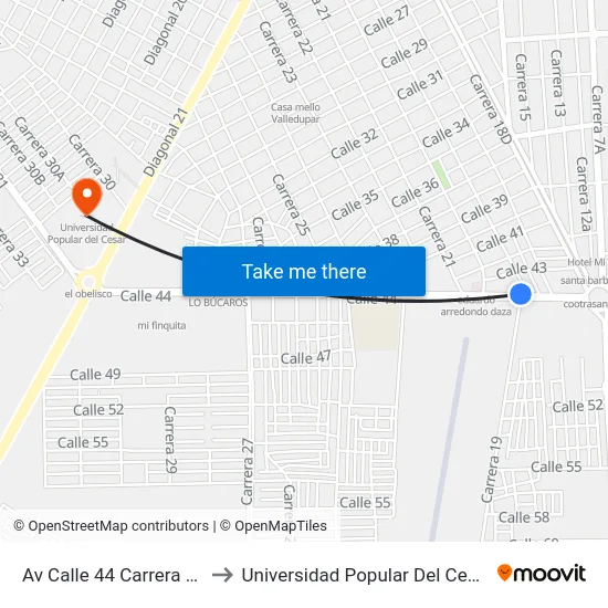 Av Calle 44 Carrera 19 to Universidad Popular Del Cesar map