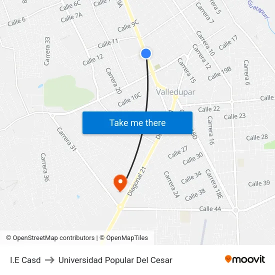 I.E Casd to Universidad Popular Del Cesar map