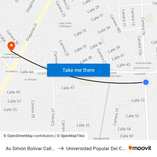 Av Simón Bolívar Calle 45 to Universidad Popular Del Cesar map