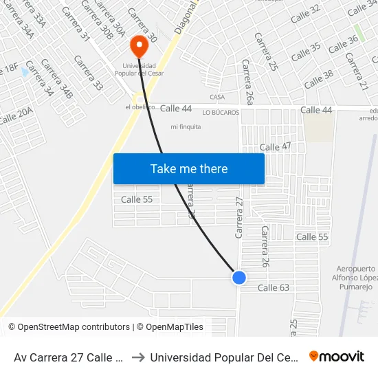 Av Carrera 27 Calle 62 to Universidad Popular Del Cesar map