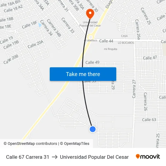 Calle 67 Carrera 31 to Universidad Popular Del Cesar map