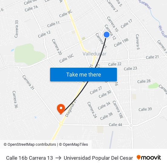 Calle 16b Carrera 13 to Universidad Popular Del Cesar map