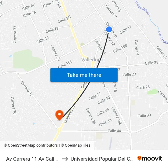 Av Carrera 11 Av Calle 16 to Universidad Popular Del Cesar map
