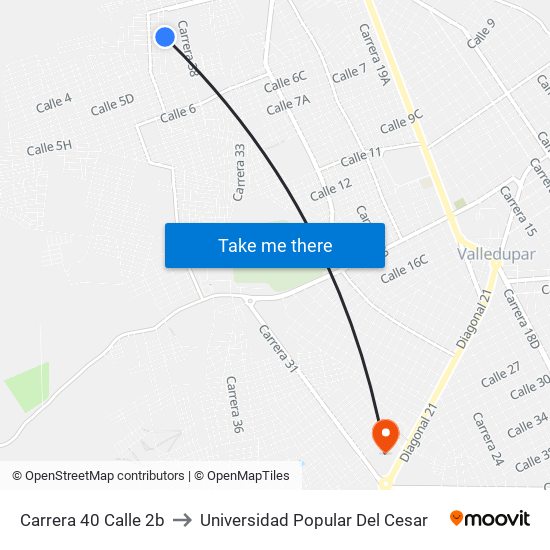 Carrera 40 Calle 2b to Universidad Popular Del Cesar map