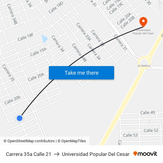 Carrera 35a Calle 21 to Universidad Popular Del Cesar map