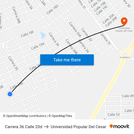 Carrera 36 Calle 20d to Universidad Popular Del Cesar map