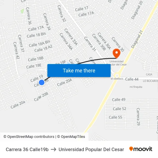 Carrera 36 Calle19b to Universidad Popular Del Cesar map