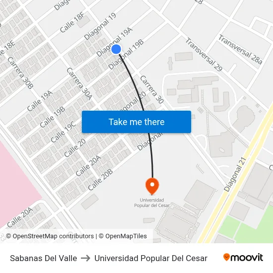 Sabanas Del Valle to Universidad Popular Del Cesar map