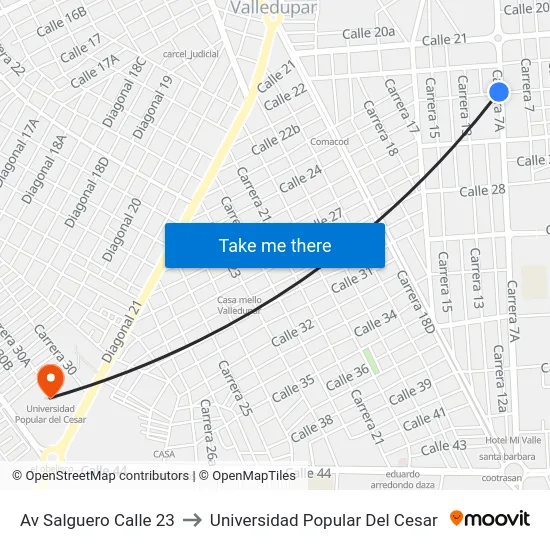 Av Salguero Calle 23 to Universidad Popular Del Cesar map