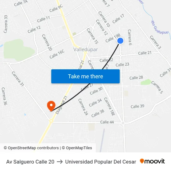 Av Salguero Calle 20 to Universidad Popular Del Cesar map