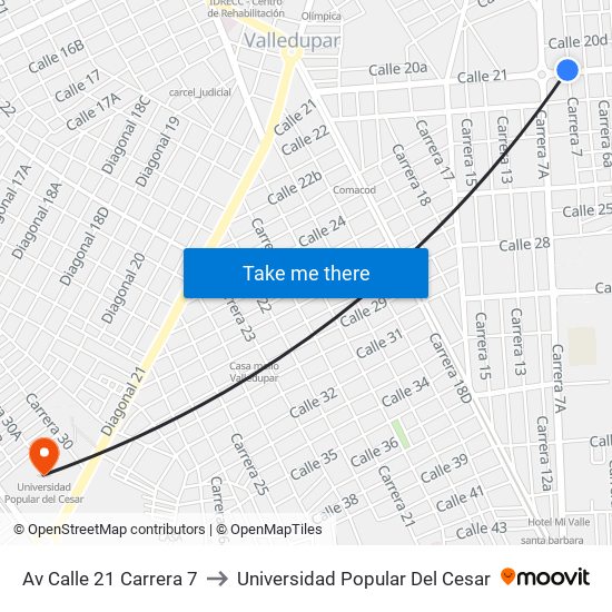 Av Calle 21 Carrera 7 to Universidad Popular Del Cesar map