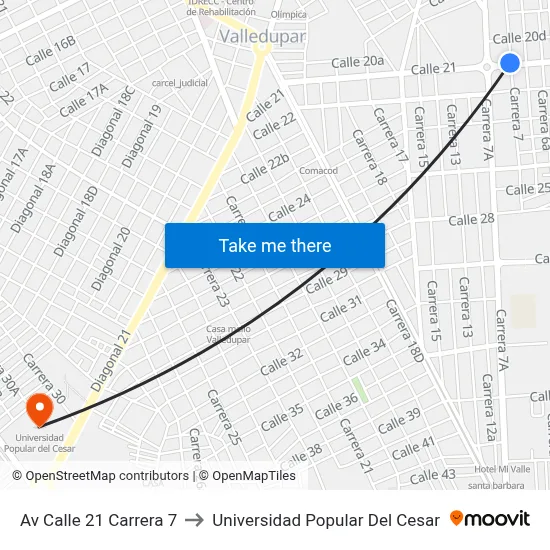 Av Calle 21 Carrera 7 to Universidad Popular Del Cesar map