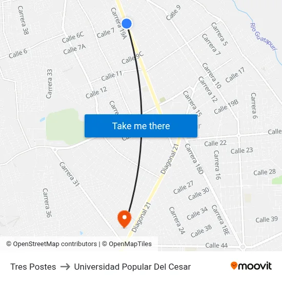 Tres Postes to Universidad Popular Del Cesar map