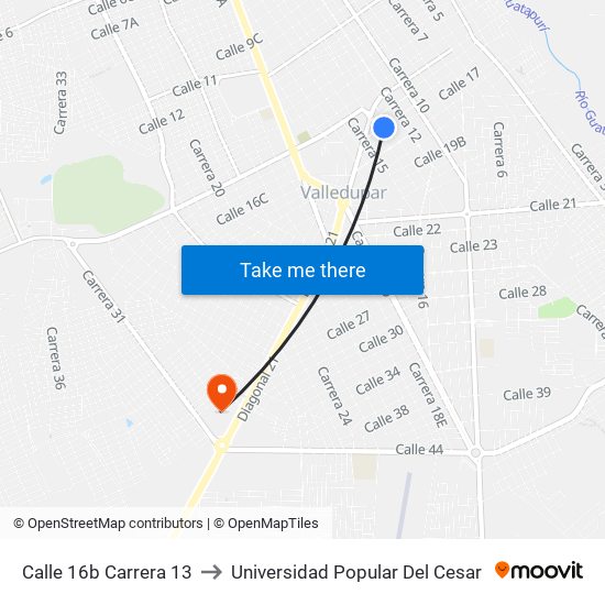 Calle 16b Carrera 13 to Universidad Popular Del Cesar map