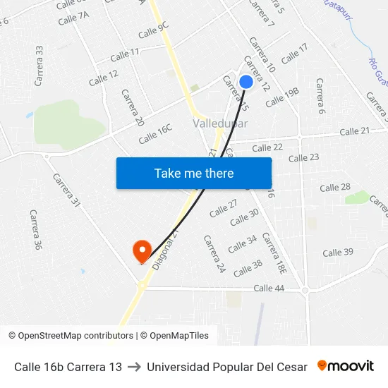 Calle 16b Carrera 13 to Universidad Popular Del Cesar map