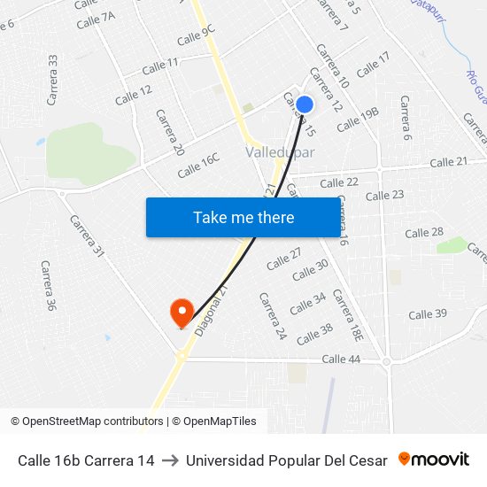 Calle 16b Carrera 14 to Universidad Popular Del Cesar map