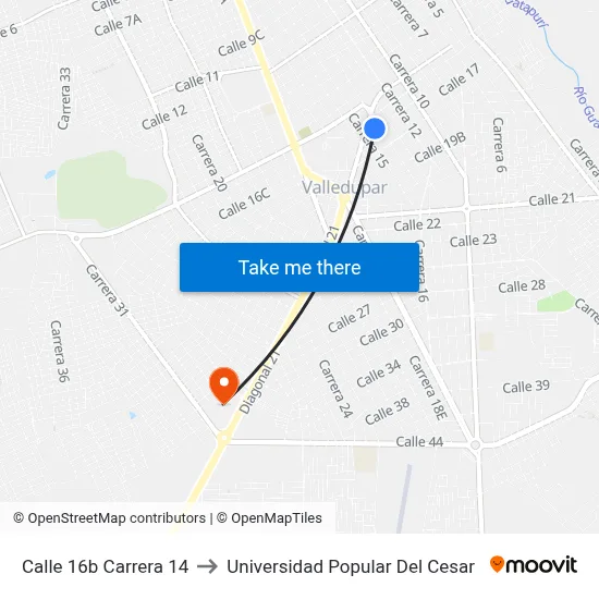 Calle 16b Carrera 14 to Universidad Popular Del Cesar map