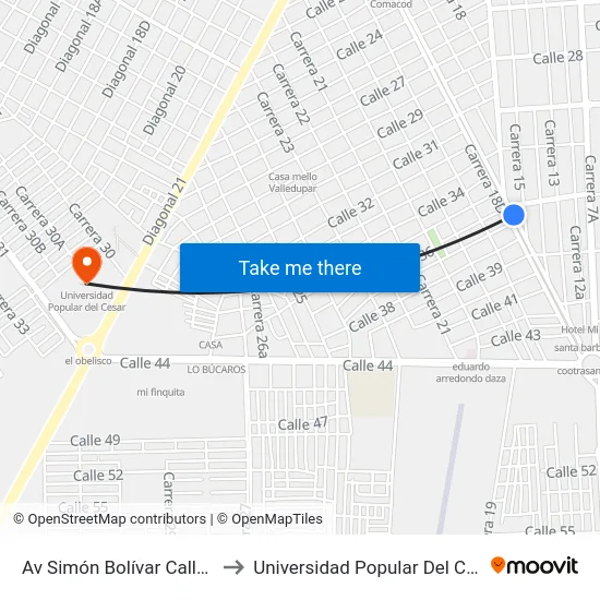 Av Simón Bolívar Calle 36 to Universidad Popular Del Cesar map