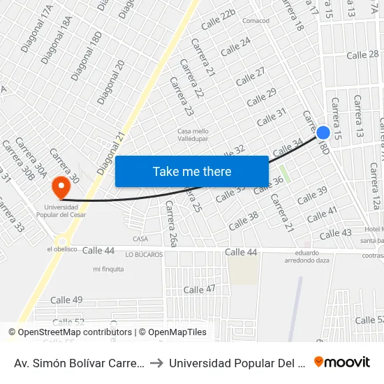 Av. Simón Bolívar Carrera 16 to Universidad Popular Del Cesar map